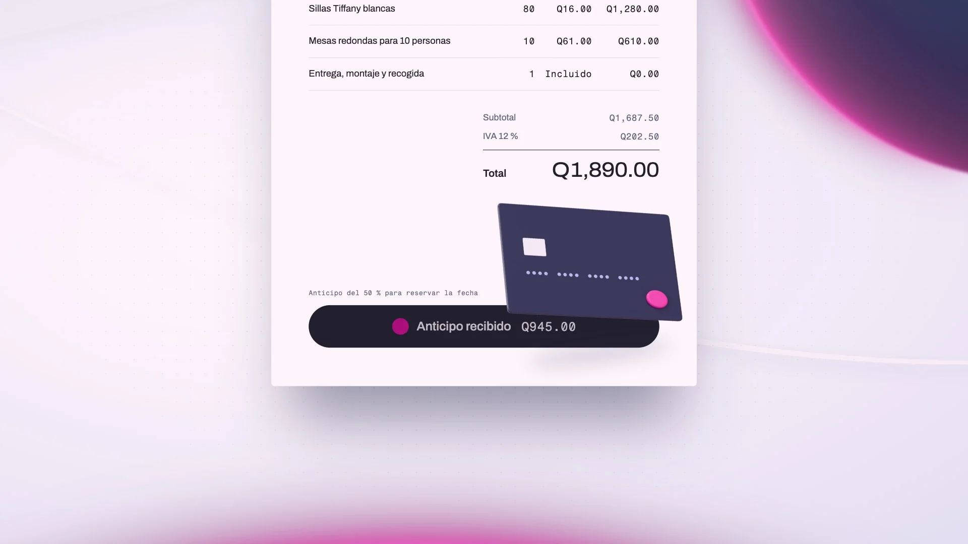 Cotización con el anticipo recibido y una tarjeta de pago