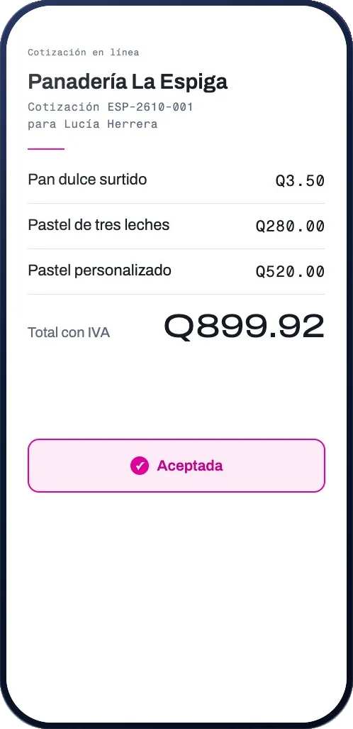La cotización aceptada en línea desde el teléfono del cliente